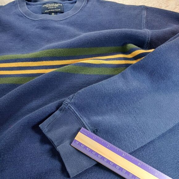 American Eagle 100% Cotton V-NECK Close Knit Sweater Y2K Men's M Blue w/Stripes. - Picture 6 of 10